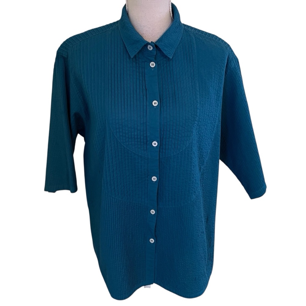 Yacco Maricard Teal Cotton Short Sleeve Button-Up Shirt with Pintuck Detail L